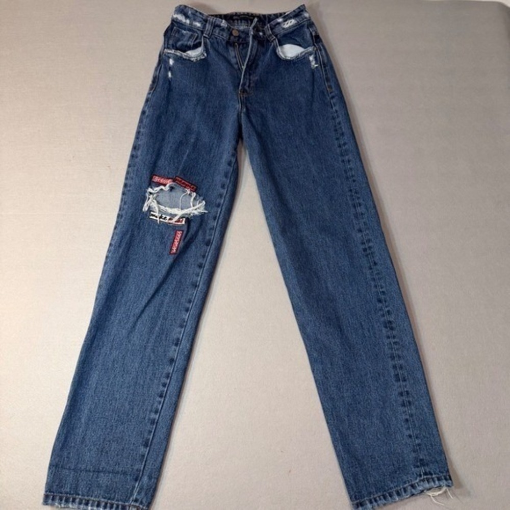 Zara Trafaluc Distressed Street Wear‎ Straight Leg Jeans Blue Patch Detail